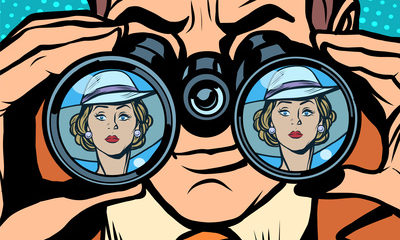 Love couple man woman binoculars pop art style retro. Love and jealousy. Surveillance